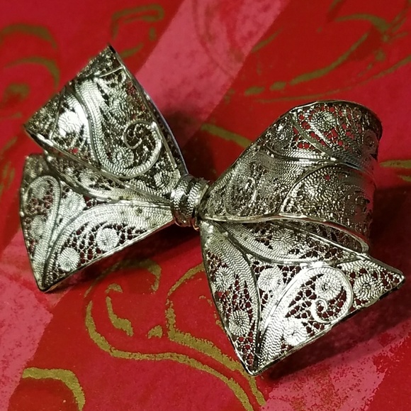 Vintage Silver Filigree Van Lou Bow Pin Brooch - Picture 2 of 5